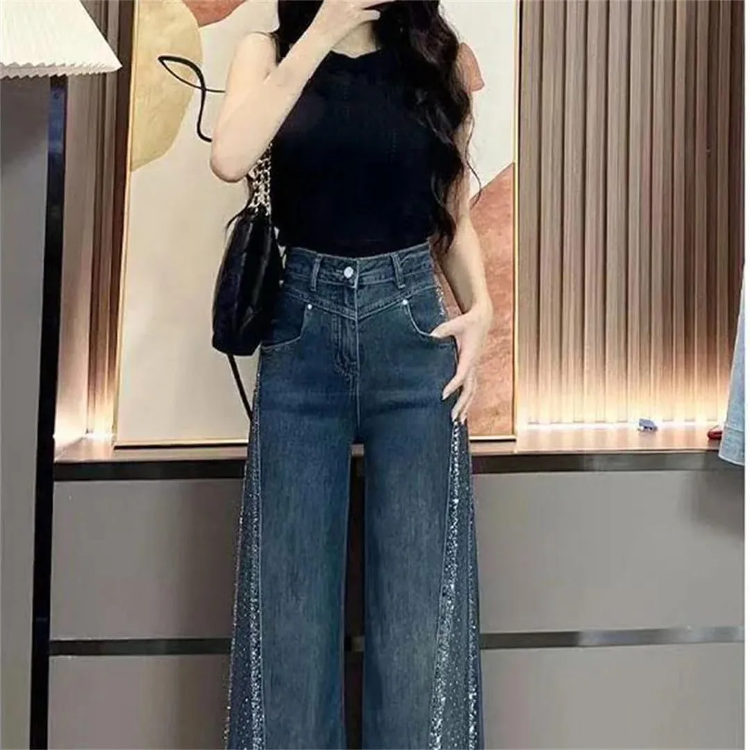 Женские джинсы с высокой талией и расклешенными штанинами в стиле loose casual Generic, светло-голубой — фото 3