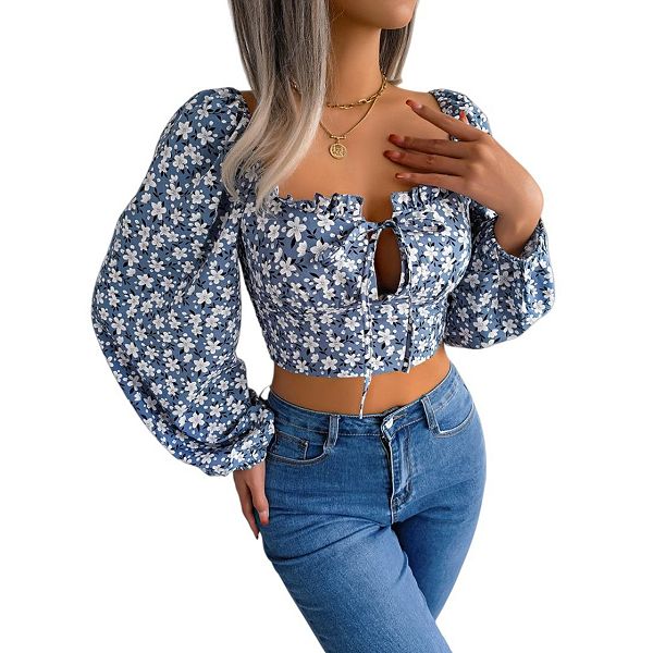 

Женская блузка с цветочным принтом, открытыми плечами и рукавами-фонариками Yesfashion, Blue