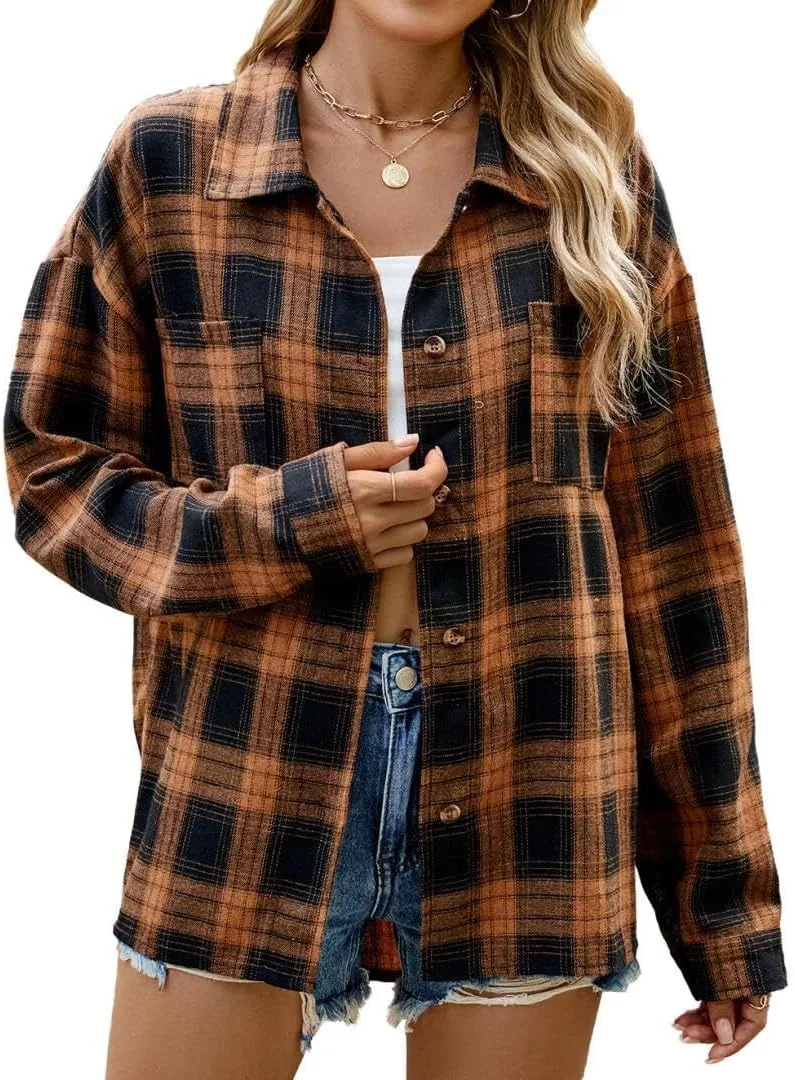 

FMCHICO Женская рубашка в стиле бойфренд, клетчатая, свободного кроя