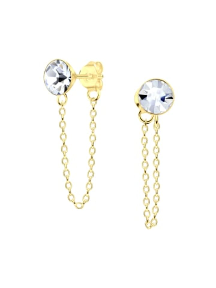 

Alexander York Серьги-гвоздики с белыми кристаллами диаметром 6 мм и золотой цепочкой из серебра 925 пробы, комплект из 2 штук