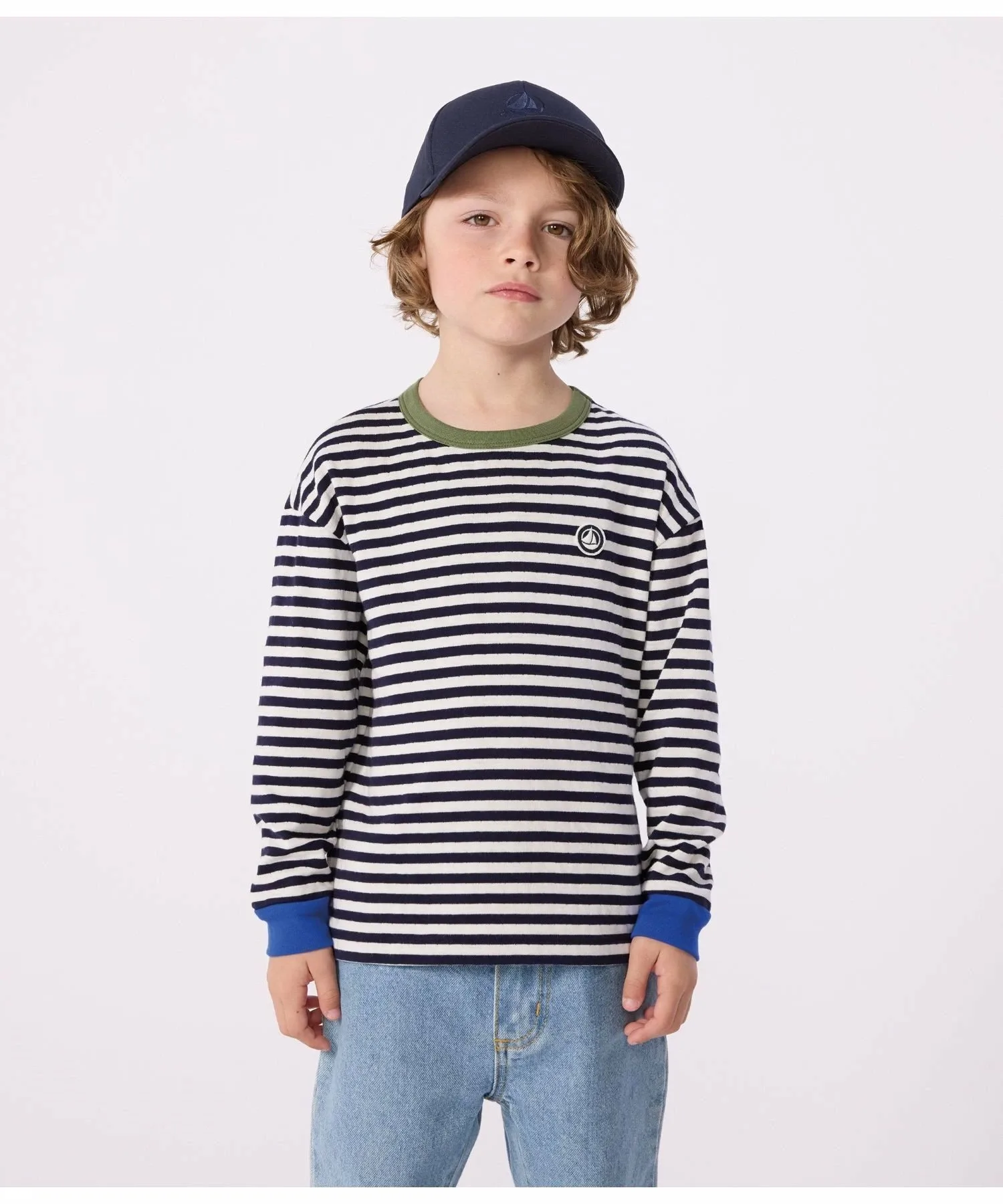 Полосатая футболка с длинными рукавами PETIT BATEAU, Blue/Off White