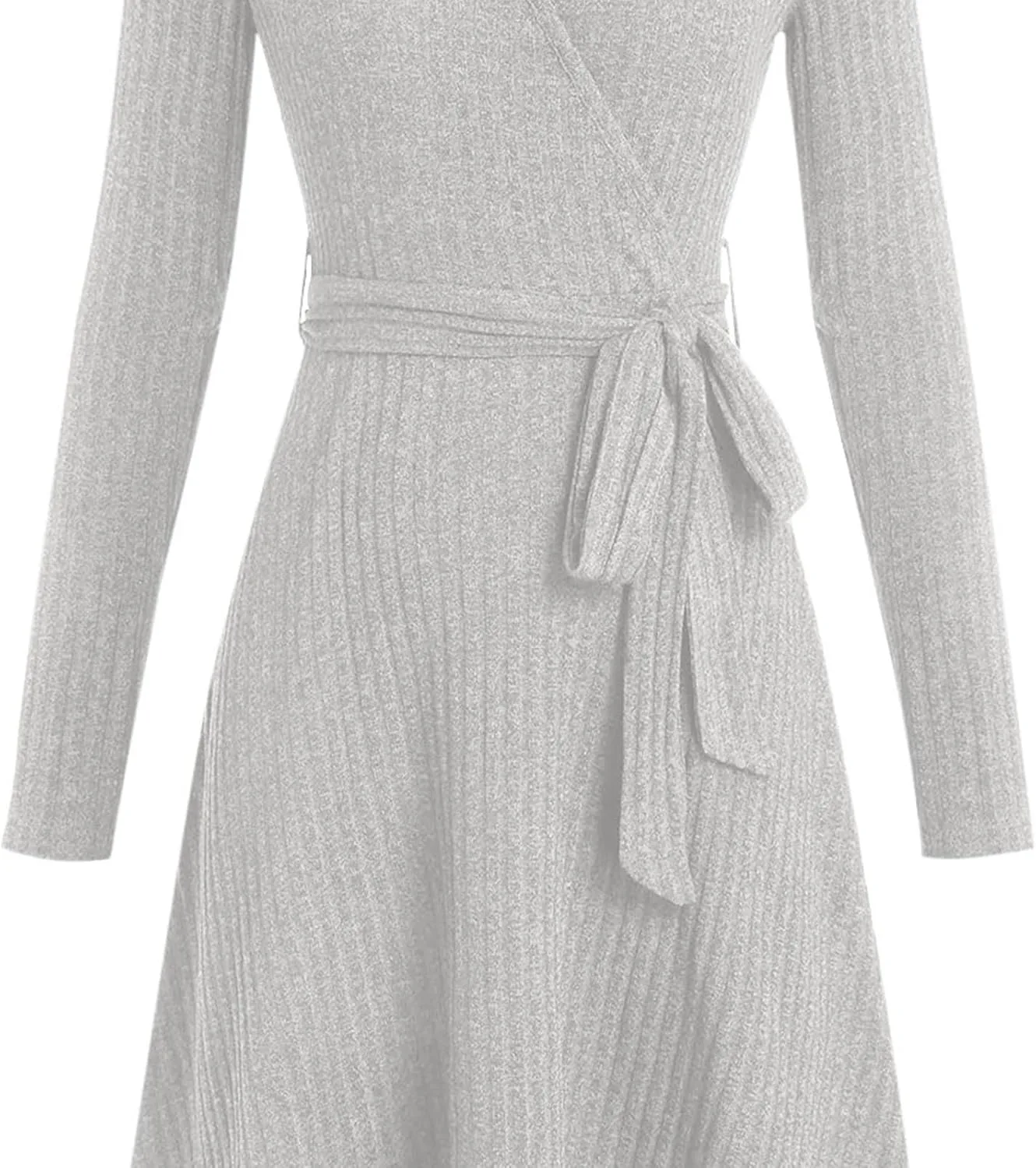 Платье с длинными рукавами и запахом, женское платье из трикотажа в рубчик с V-образным вырезом, платье-свитер А-силуэта с поясом, одежда для осени и зимы Generic, серый — фото 4