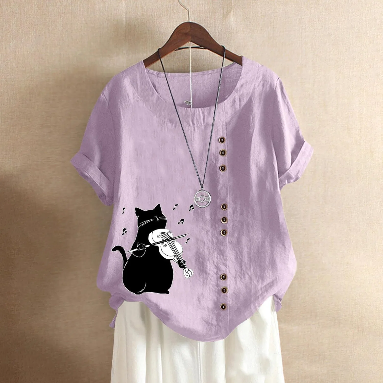 Футболка женская, свободная, из хлопка и льна, Light Purple — фото 3