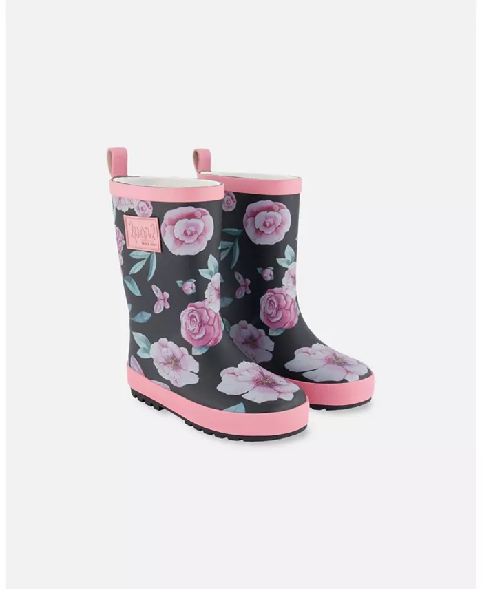 

Детские резиновые сапоги с принтом "Pink, Black, And Flowers" для девочек Deux par Deux, черный