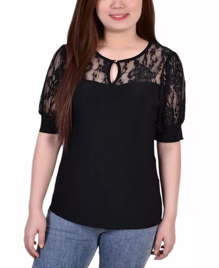 

Кружевной топ Petite с объемными рукавами NY Collection, черный