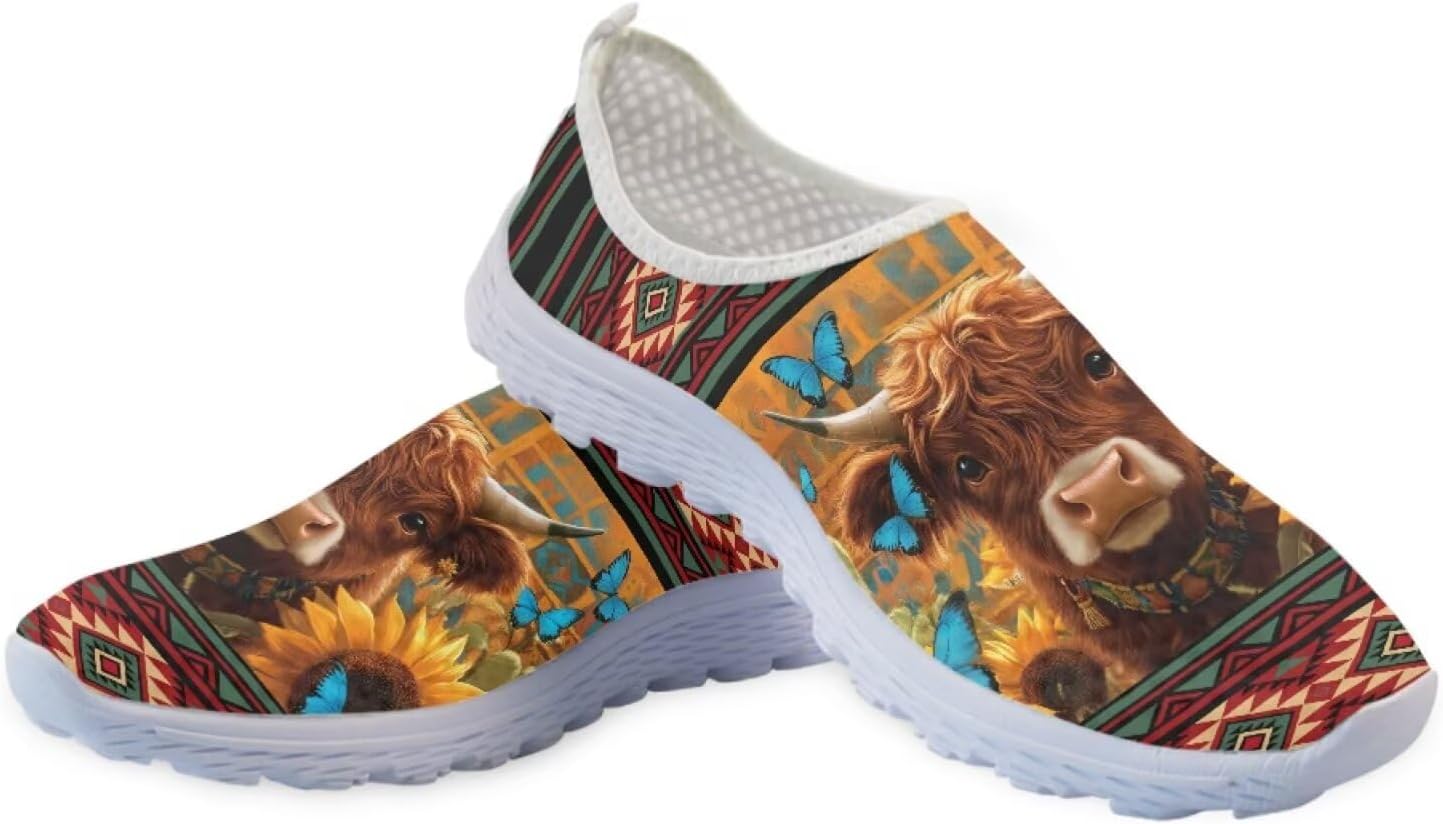 Женские слипоны Jeiento для ходьбы с животным принтом, легкие кеды-тапочки, сетчатые теннисные кроссовки унисекс, пляжная водная обувь, Southwestern Tribal Highland Cow — фото 4