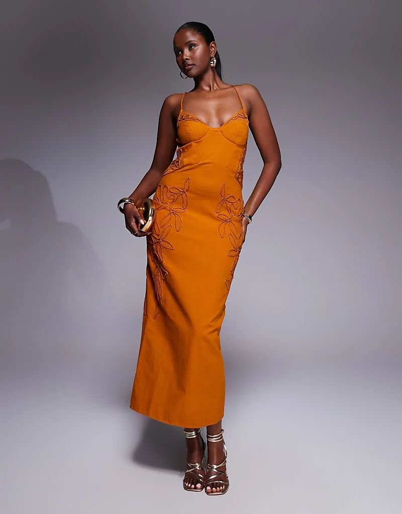 

Длинное платье-корсет с цветочной вышивкой ASOS DESIGN темно-золотистого цвета