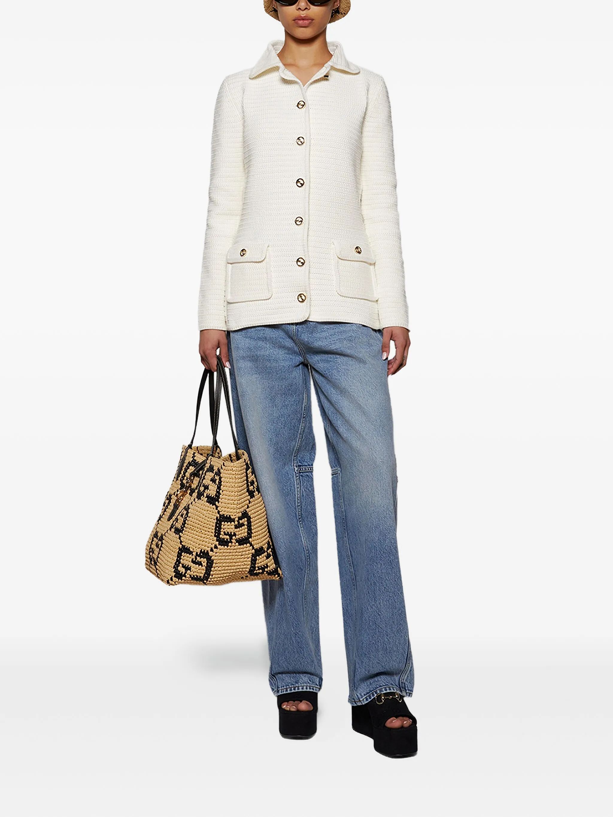 Кардиган Gucci вязаный кроше, ажурный узор, белый — фото 2