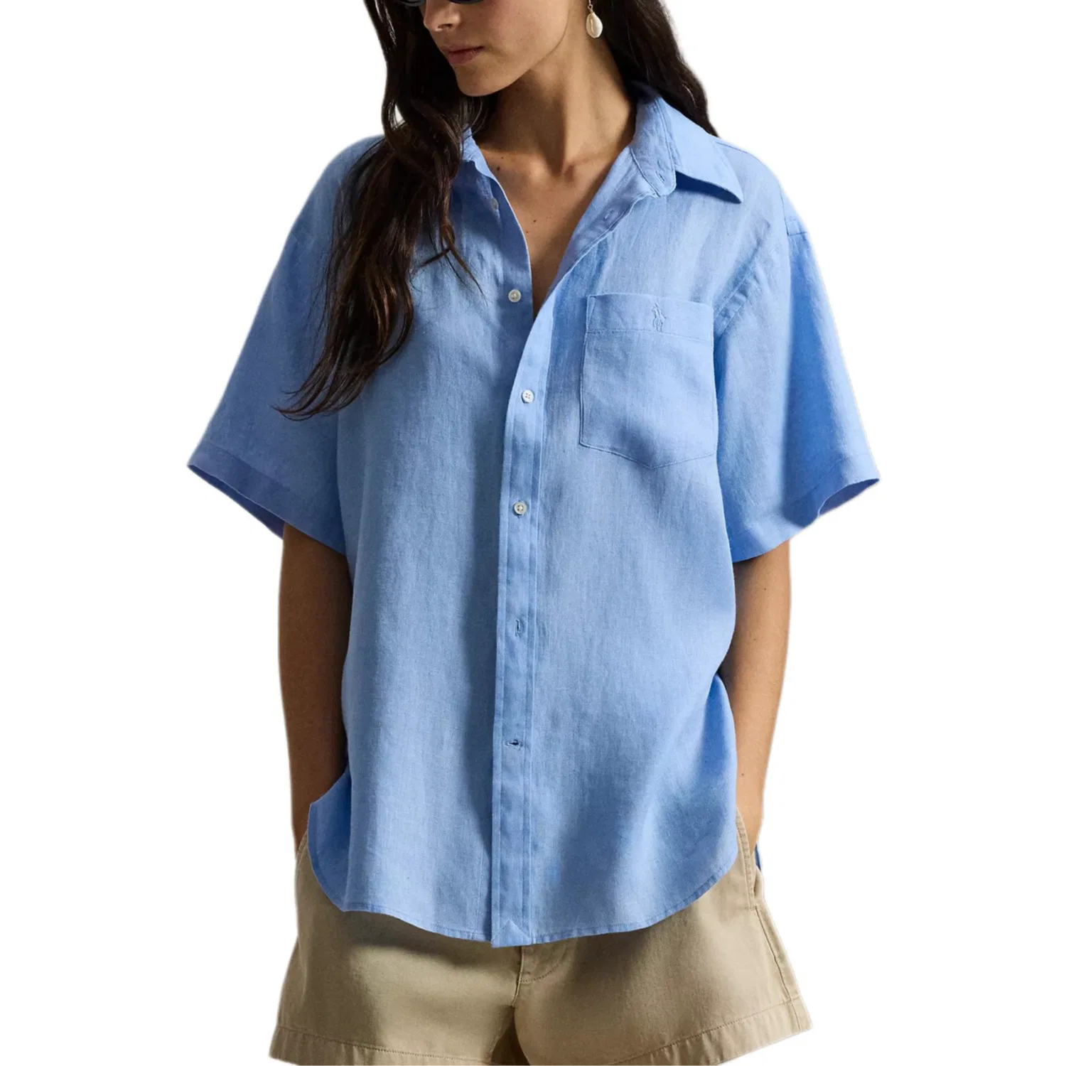 Рубашка из льна с накладным карманом Polo Ralph Lauren Lake Blue — фото 4