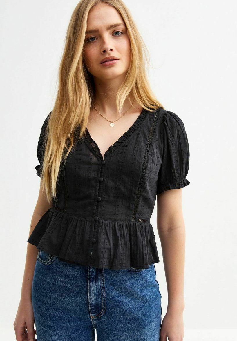 

Блузка на пуговицах BRODERIE ANGLAISE TRIM OVERSIZED COLLAR New Look, черный