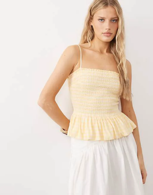 

Желтый клетчатый топ с присборенными ремешками Free People Sundance