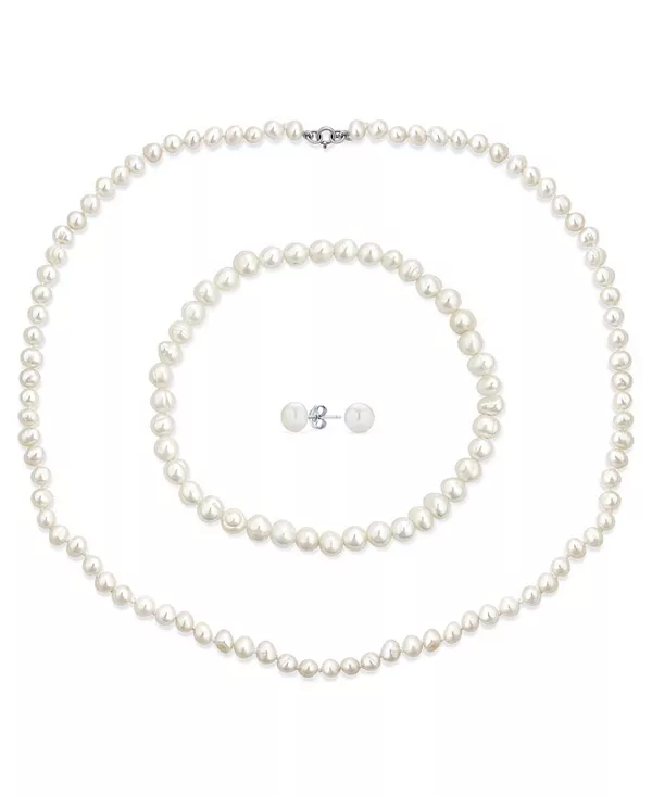 

Ожерелье из нити белого пресноводного культивированного жемчуга, связанного вручную, 18 дюймов, эластичный браслет, серьги-шарики 6 мм, комплект из 3 украшений Bling Jewelry, white