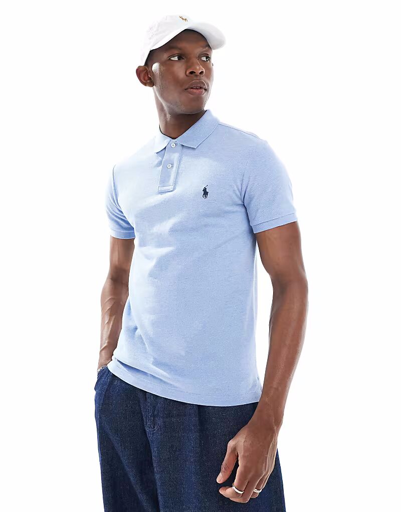 

Polo Ralph Lauren облегающий покрой пике с логотипом игрока в поло светло-голубого меланжевого цвета