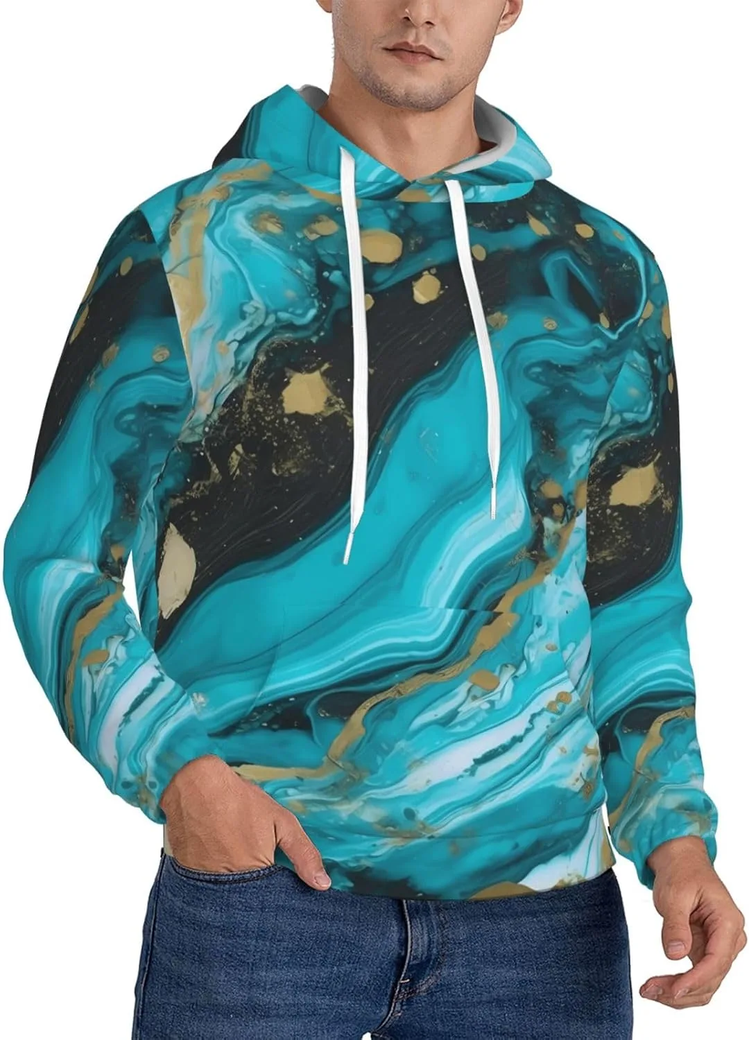 

Мужская флисовая толстовка с капюшоном, Casual, с длинным рукавом, Turquoise Blue Gold Marble KKLWEGU