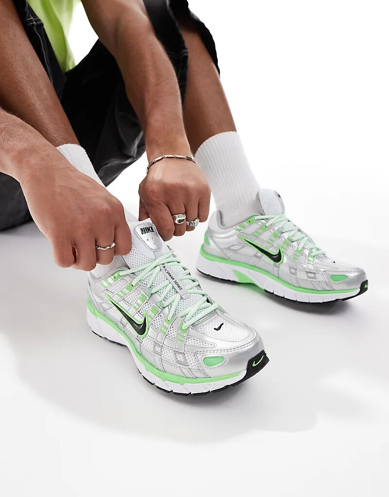 Кроссовки унисекс Nike P-6000 в цвете «металлик серебристый» и «зеленый» — фото 3