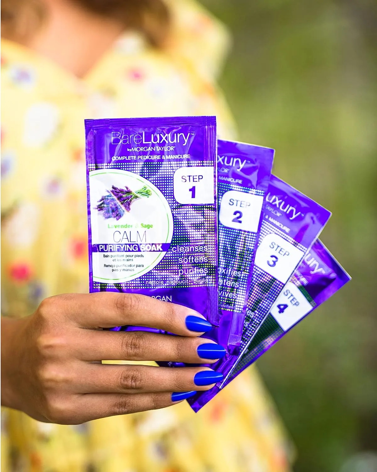 Morgan Taylor BareLuxury 4-Step Complete Pedicure & Manicure Packs - полный набор для ухода за ногтями с ванночкой, маской, скрабом и массажным маслом, профессиональные спа-процедуры (Calm Lavender & Sage) 1 штука (1 шт.), Lavender & Sage — фото 4
