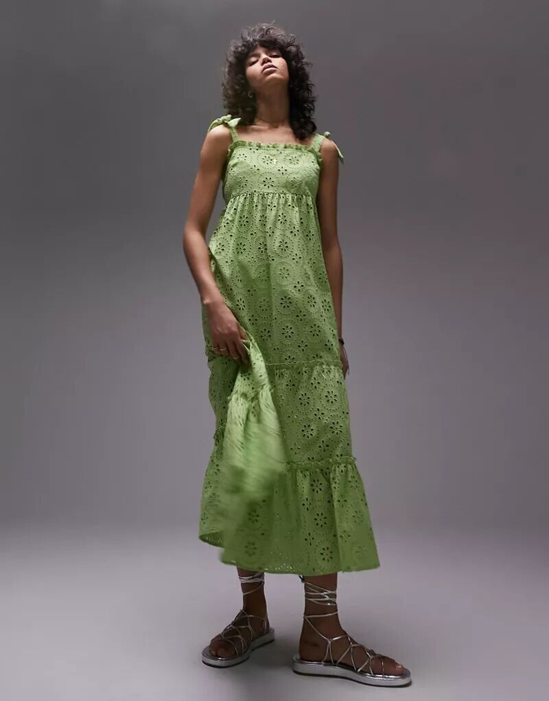 

Зеленое пляжное платье миди миди с завязками Topshop Broderie Anglaise