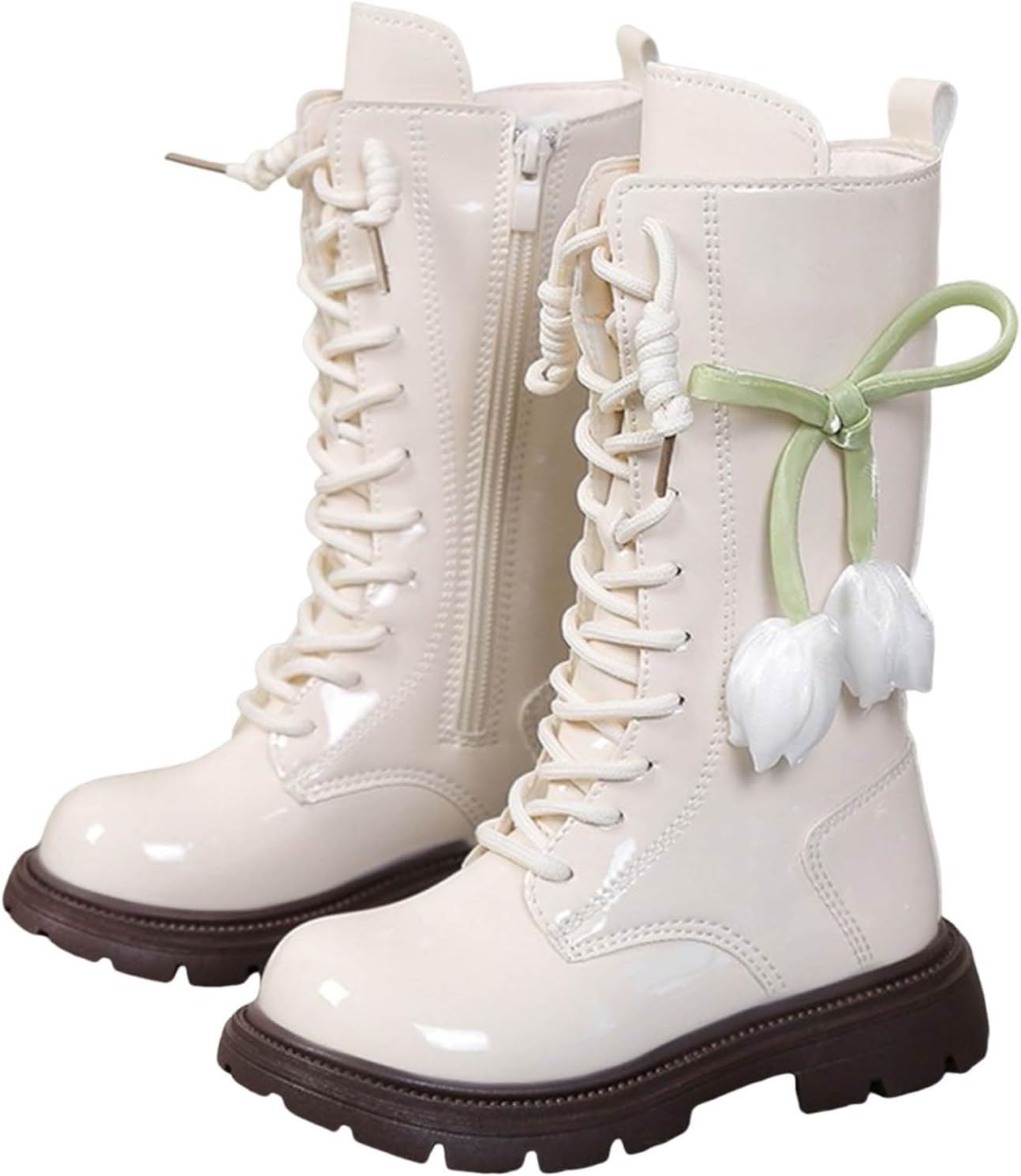 

Ботинки для девочек милые шнурованные байкерские ботинки средней длины, из искусственной кожи, ковбойские на платформе с круглым носком, стильные осенние ботинки с боковой застежкой Generic, H- White