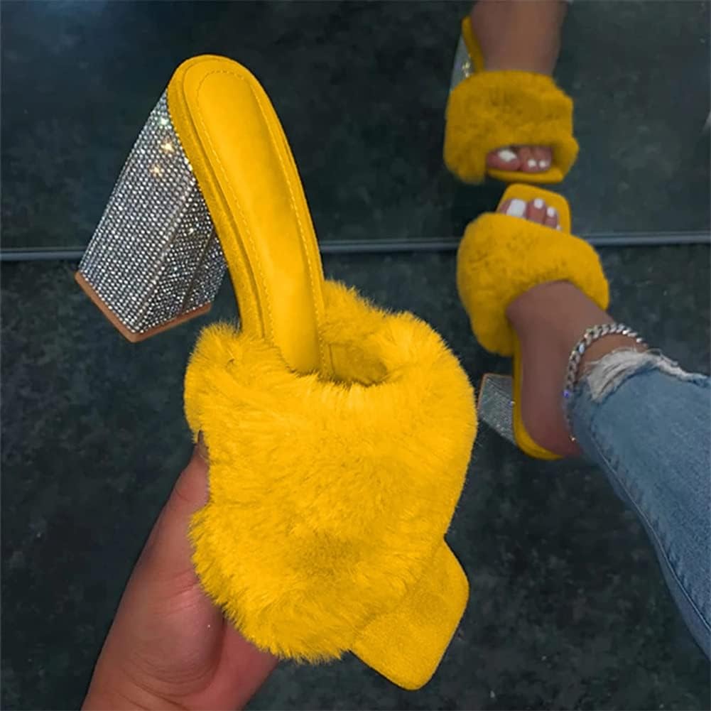 HOTRA Women Fluffy Chunky Heel Slippers with Rhinestone Open Toe Slip On Сандалии Shoes (Color : Rose Red, Size : 12 US), желтый — фото 3