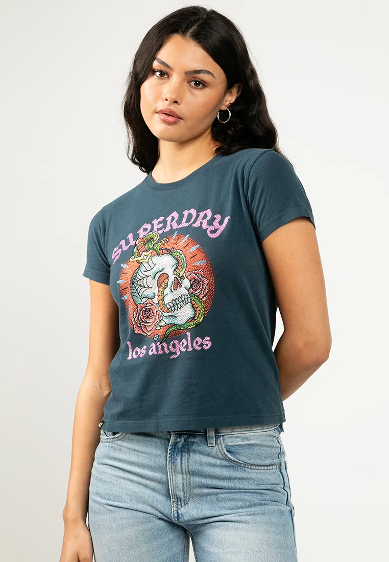 Футболка с принтом, облегающая, Tattoo Rhinestone, белый Superdry