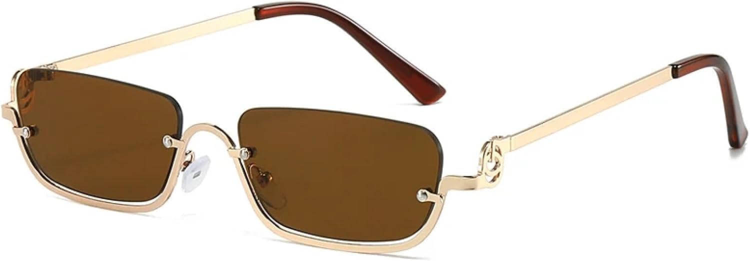 

Солнцезащитные очки в полуободковой оправе для женщин, роскошные, маленькие, металлические, ретро, ​​прямоугольные, черные, модные очки для женщин, защита от УФ-излучения UV400 generic, Gold Brown