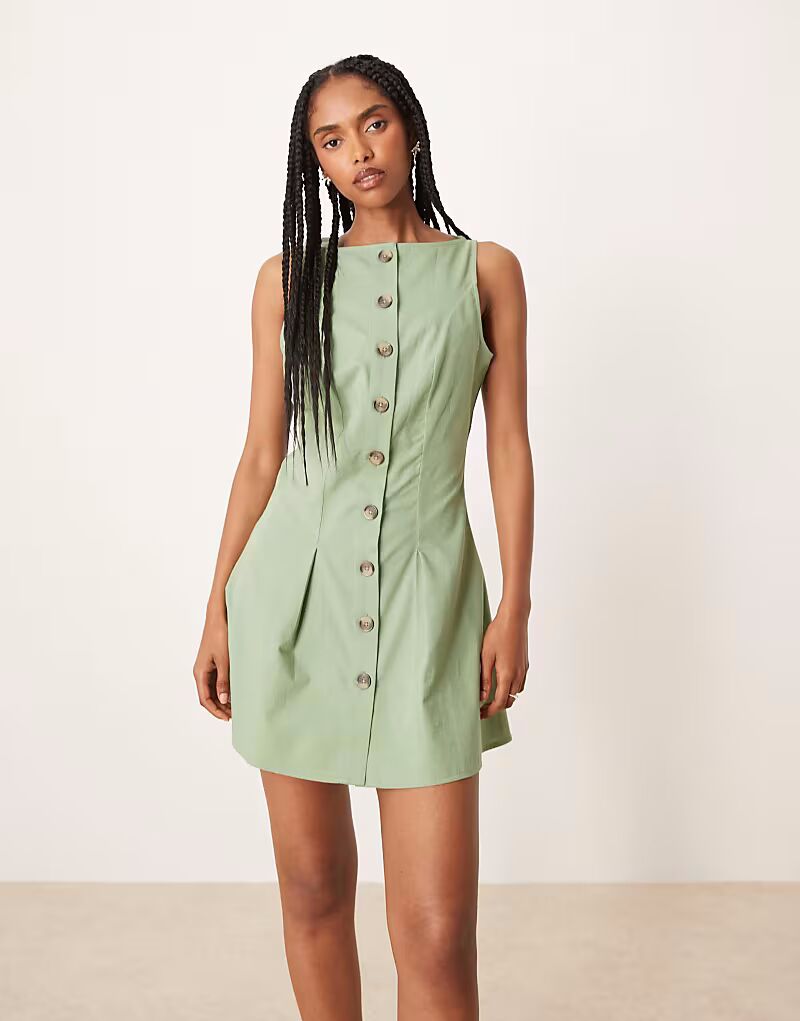 

ASOS DESIGN мини-платье с вырезом-лодочкой на пуговицах в цвете шалфей