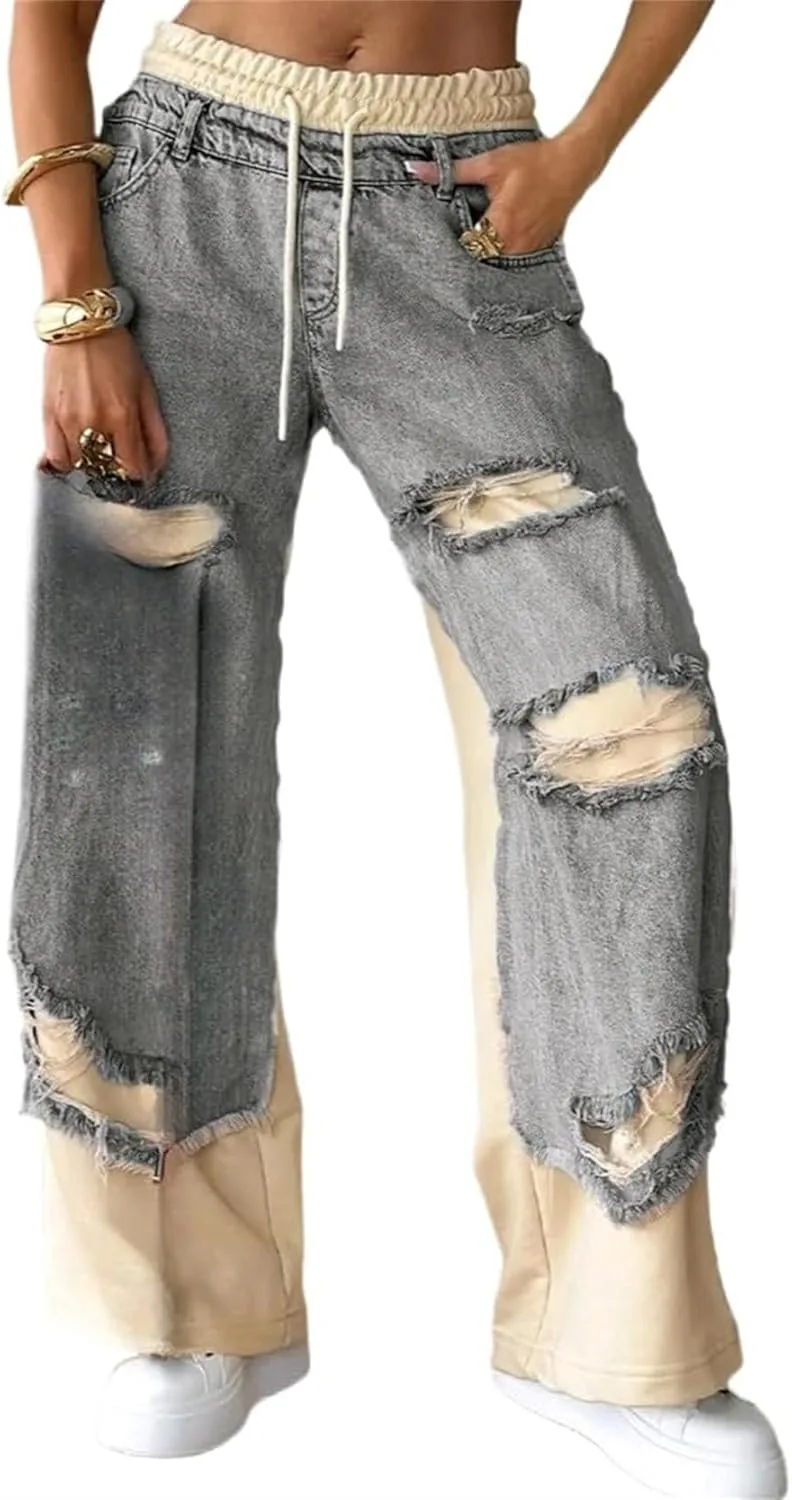 

Женские джинсы с потертостями и строчкой casual vintage baggy на резинке