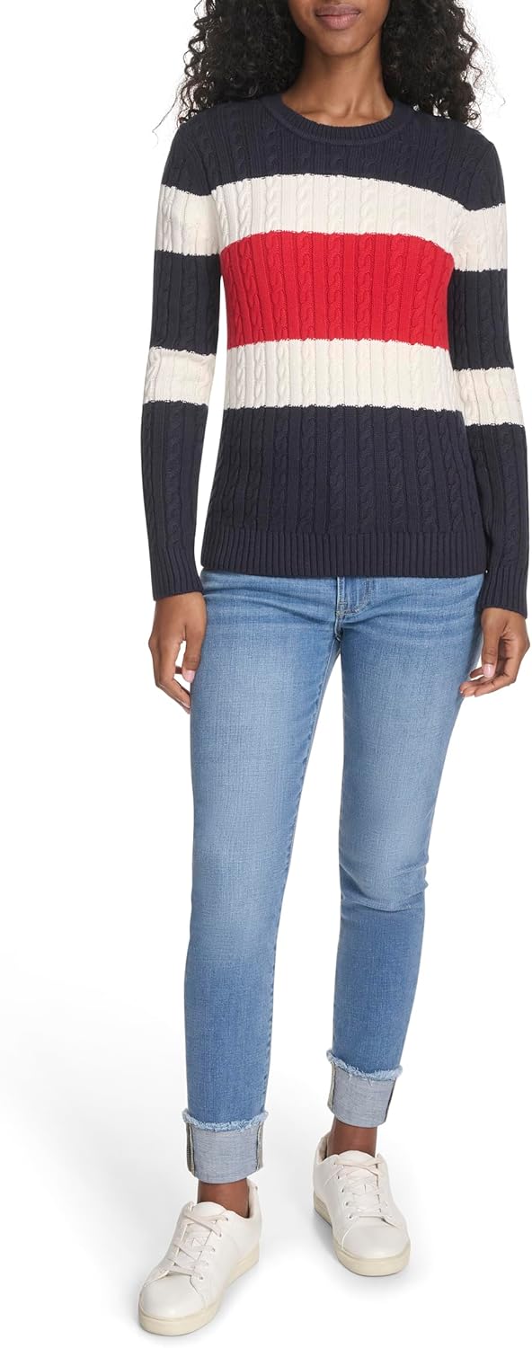 Женский хлопковый свитер Tommy Hilfiger с круглым вырезом и косами, Sky Captain Multi Colorblock — фото 2