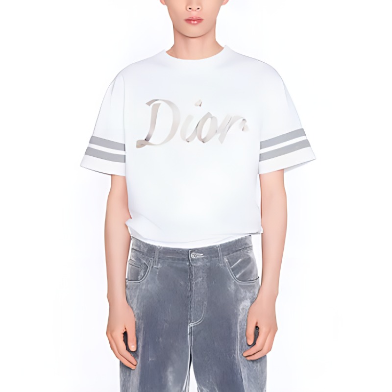 Футболка DIOR с расслабленным кроем и логотипом в виде ленты, белая — фото 4