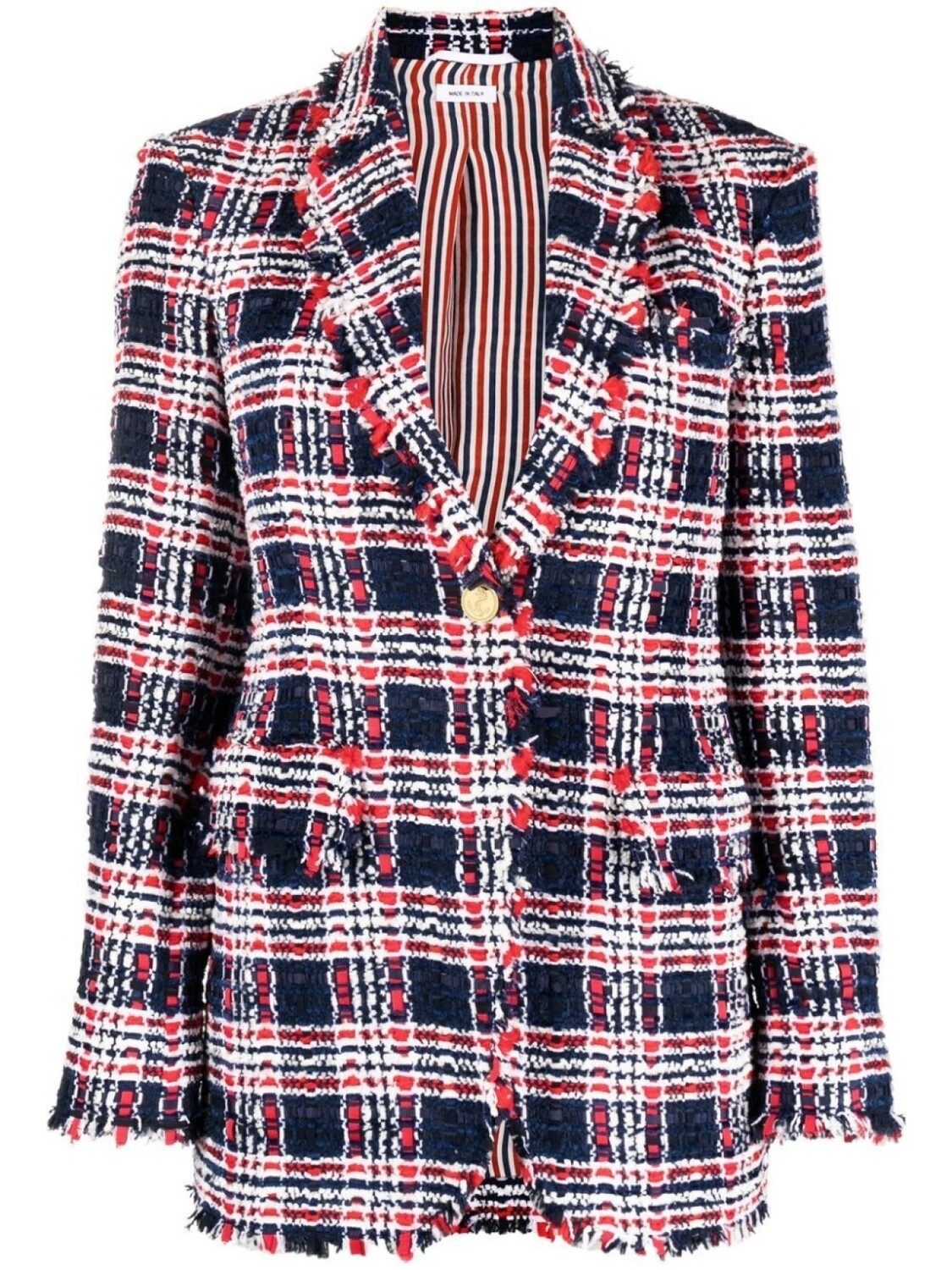 

Thom Browne однобортный твидовый блейзер с бахромой, синий