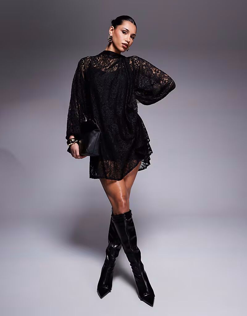 

Кружевное мини-платье ASOS DESIGN с рукавами-блузонами и воротником-стойкой с завязкой
