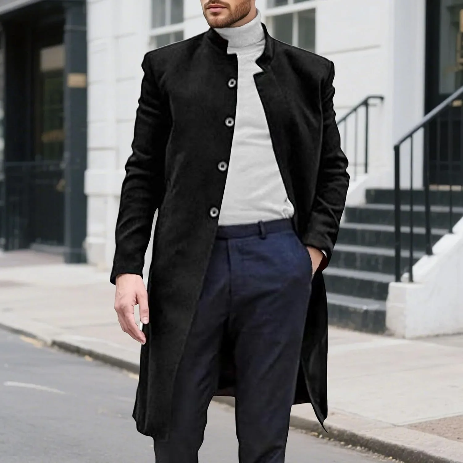 Мужское пальто pea coat приталенного кроя с отложным воротником, однобортное, утепленное, из шерстяной смеси, в оттенке earth tone, для зимнего делового гардероба Generic, черный — фото 2