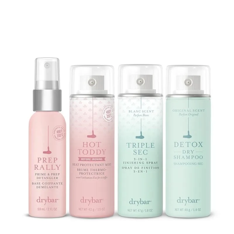 Набор для путешествий Drybar Prep, Style & Extend, TSA-friendly, для всех типов волос, включает сухой шампунь Detox, термозащиту Hot Toddy, праймер и кондиционер Prep Rally и фиксирующий спрей Triple Sec
