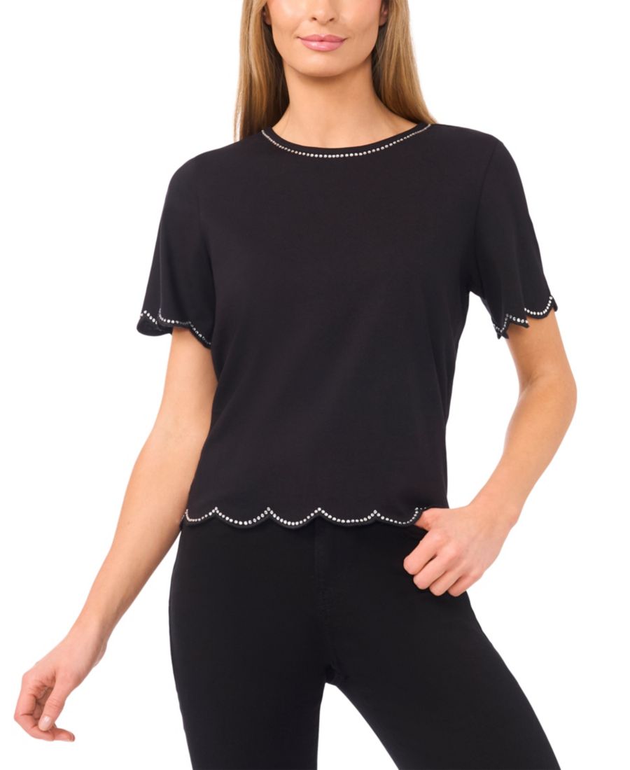 

Женский вязаный топ с фестончатым краем и стразами CeCe, Rich Black