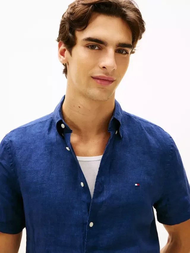 Льняная рубашка прямого кроя с логотипом Tommy Hilfiger, Dark Blue — фото 4
