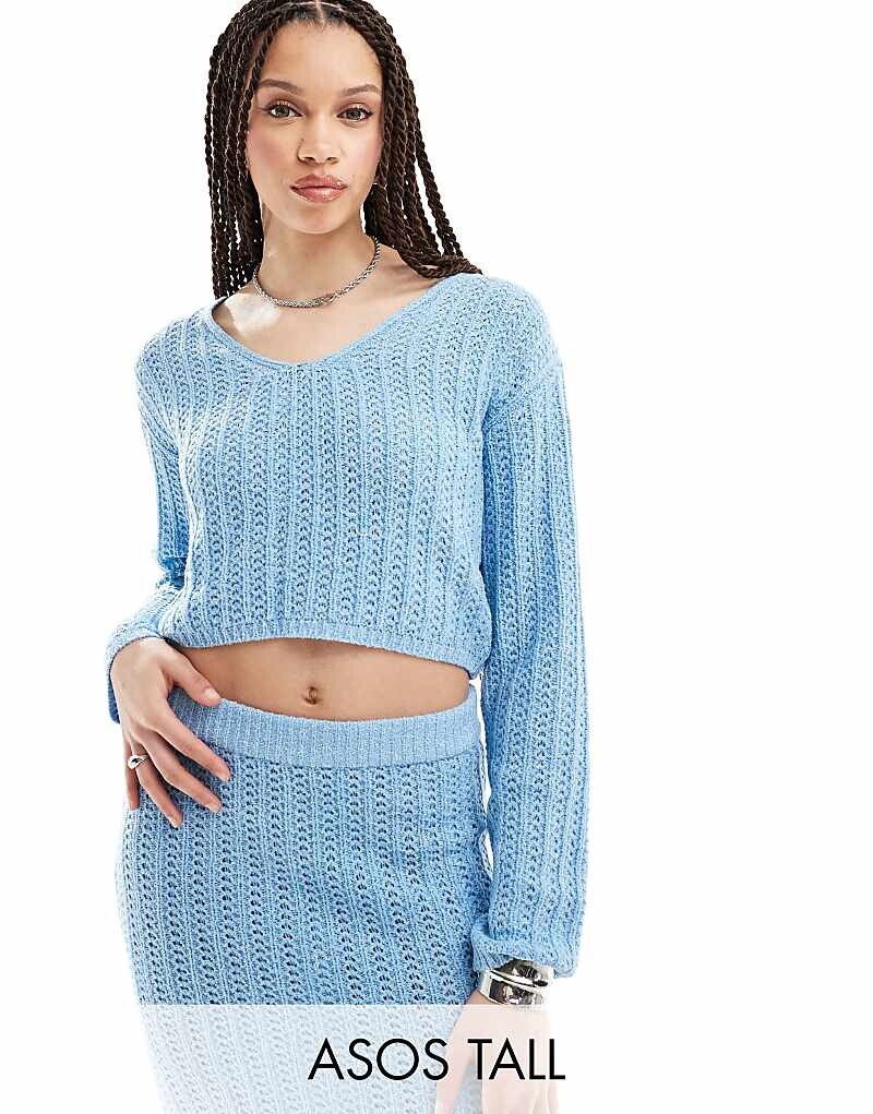 

ASOS DESIGN Tall – Укороченный синий свитер ажурной вязки синего цвета с V-образным вырезом, однотонный