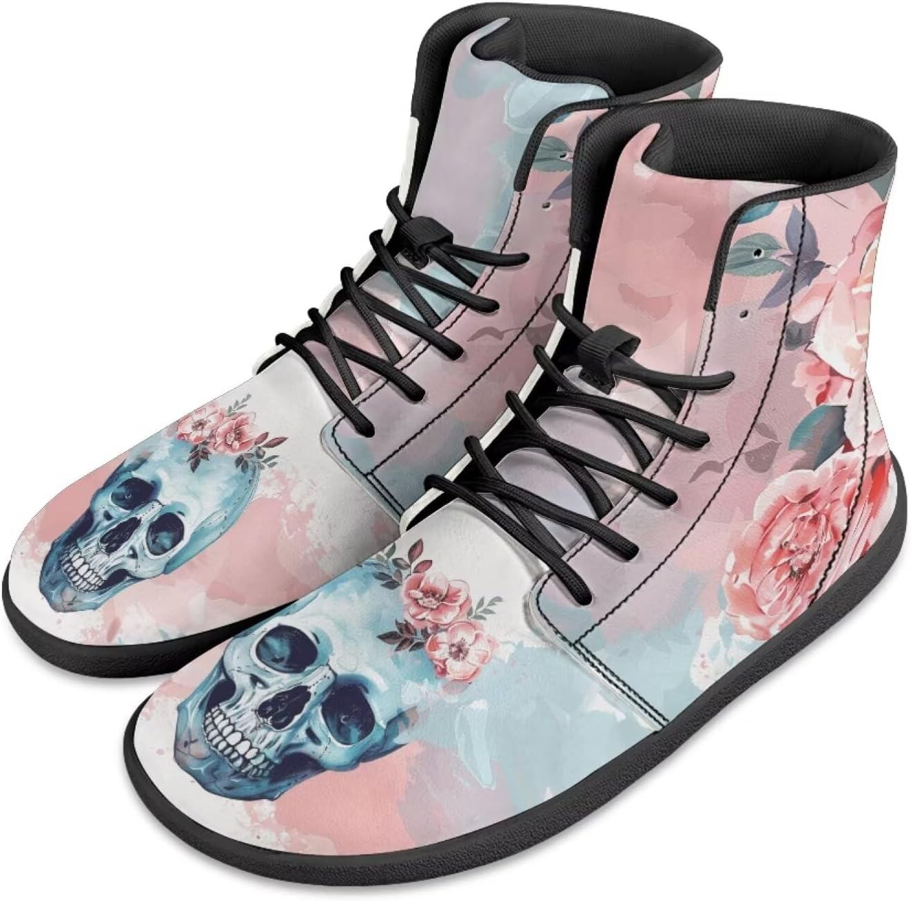 

Мужские кроссовки с высокой посадкой и широким носком Barefoot с черепами и цветочным принтом, шнуровка, противоскользящие, для тренировок и бега Xixirimido, розовый