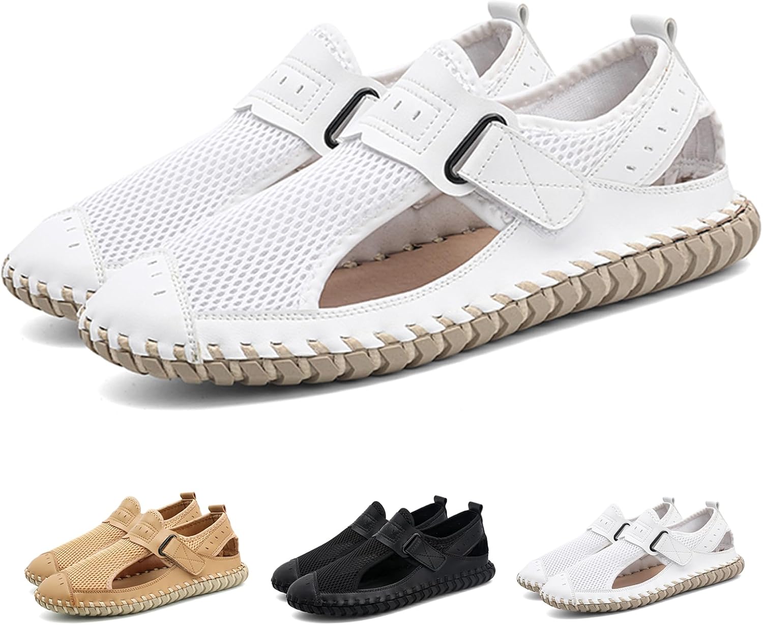 

Мужские дышащие сетчатые сандалии с закрытым носком, плоские, регулируемые на липучке, летние, удобные, нескользящие, ручной работы, для активного отдыха, с вырезами, пляжные сандалии Lossarye, белый