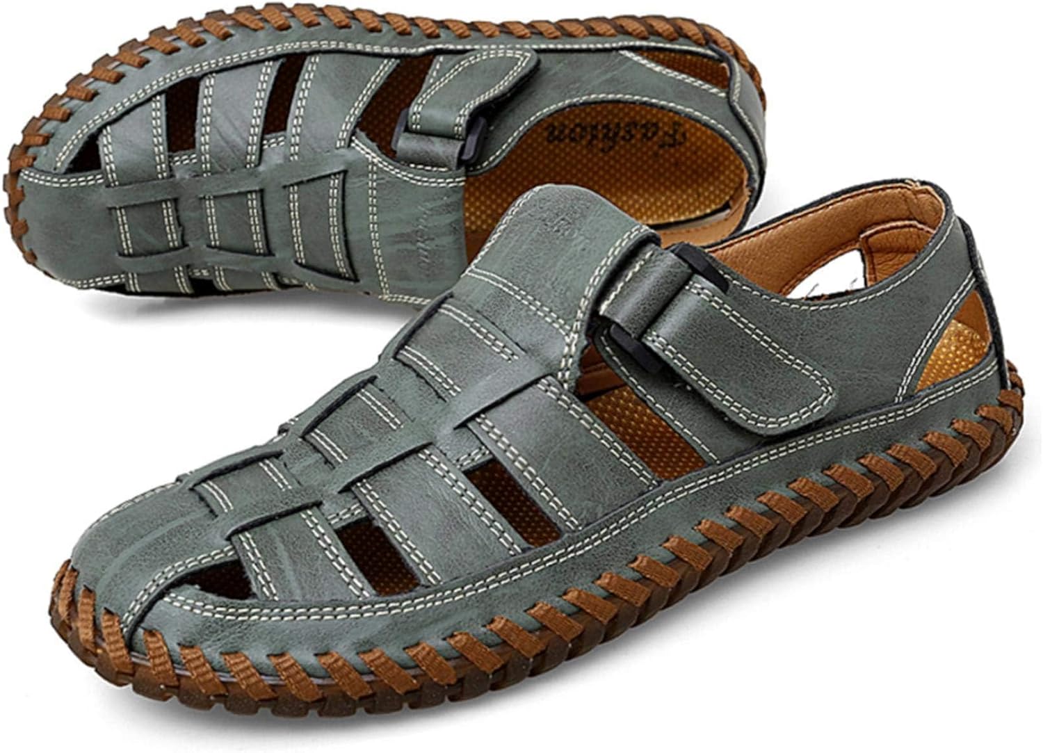 

Мужские спортивные сандалии Moodeng с закрытым носком, для улицы, рыбацкие, кожаные, летние, пляжные, дышащие, противоскользящие, зеленый