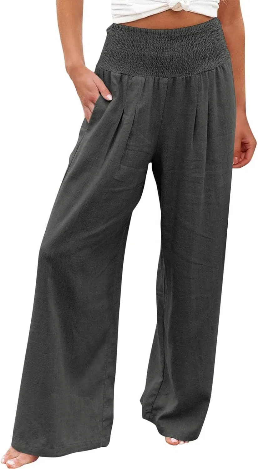 Женские брюки палаццо с высокой талией, Cotton Linen, свободные, с карманами, A03_dark Gray