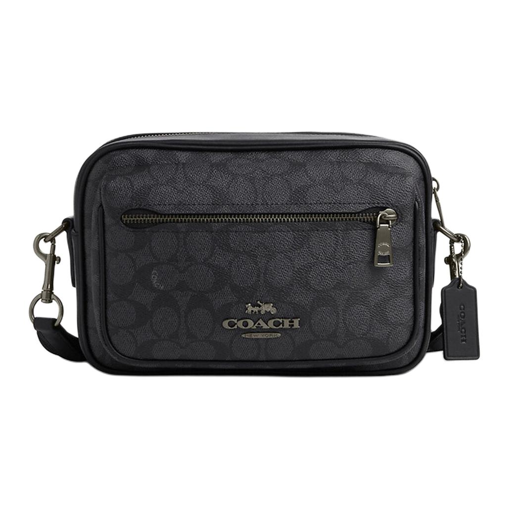 

COACH Кожаный мессенджер Элиас с гладкой телячьей кожей и покрытием из холста среднего размера мужской угольно-серый и черный