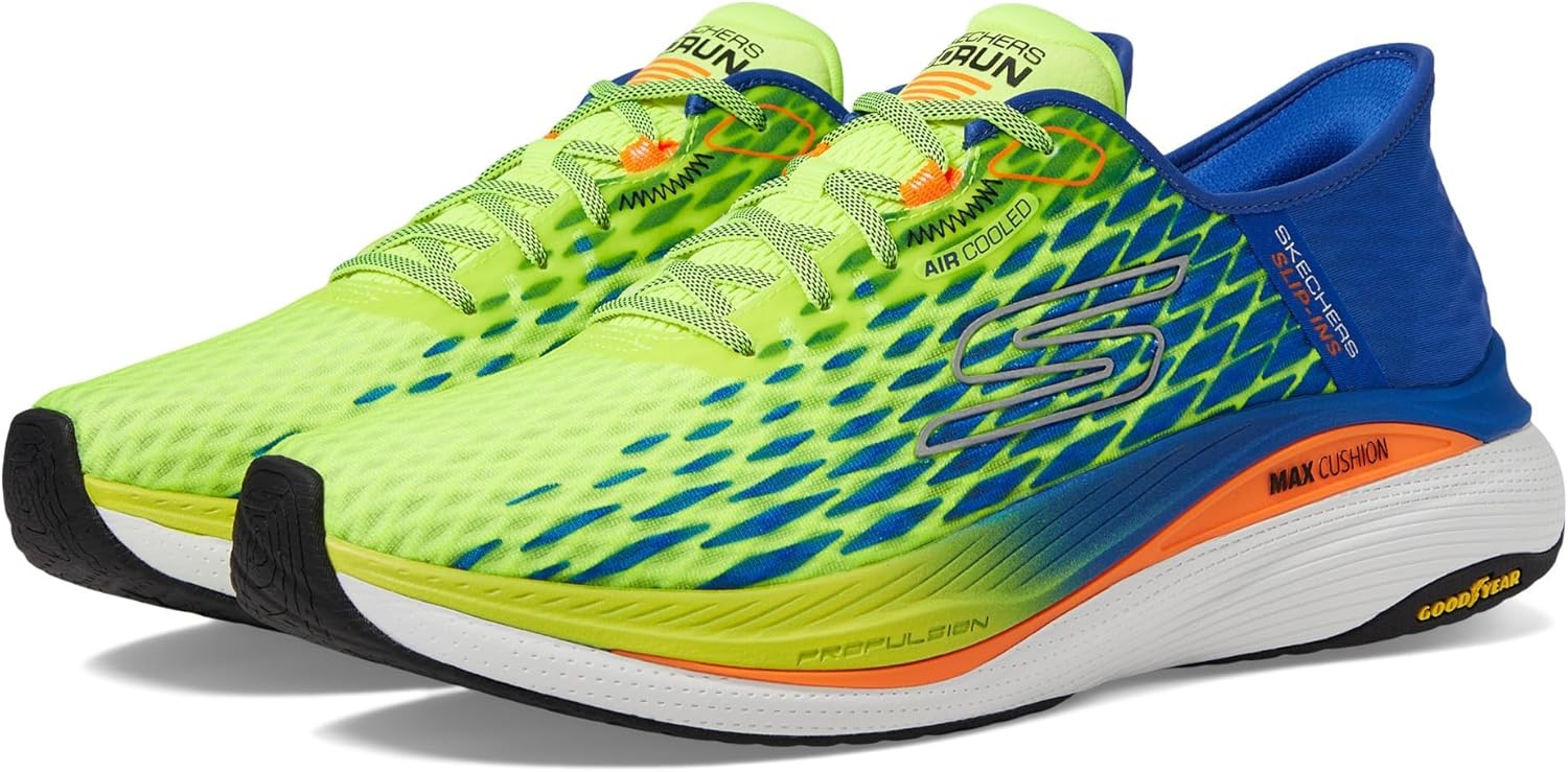 

Мужские слипоны Skechers без застежек с максимальной амортизацией и поддержкой движения, синий/желтый