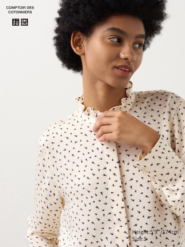 

Атласная блузка с оборками принтом Uniqlo, бежевый