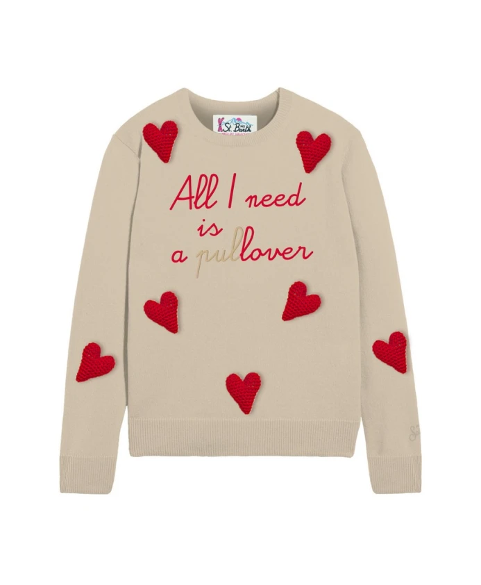 

Пуловер с круглым вырезом и декором в виде сердечек Mc2 Saint Barth, бежевый