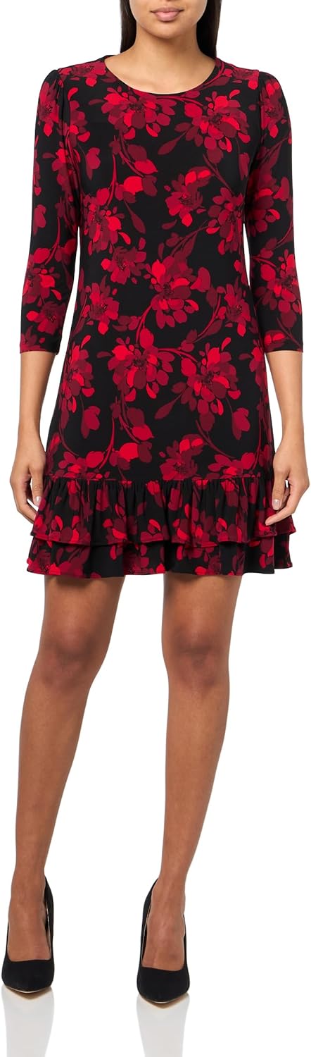 

Женское трикотажное мини-платье Tommy Hilfiger с рукавами 3/4, высоким воротом и оборками, Chili Pepper Multi