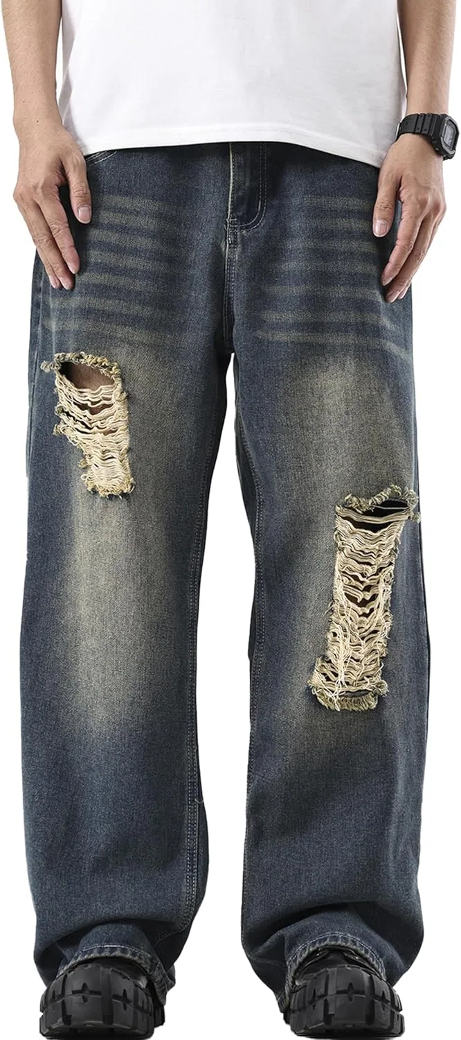 Джинсы свободные мужские Ripped Baggy Jeans, Retro Blue