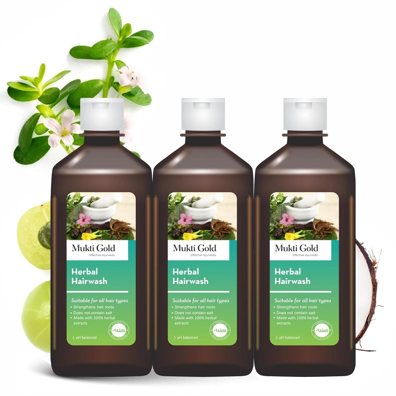 Mukti gold Herbal Hairwash 400 мл семейная упаковка (набор из 3 шт) укрепляет корни волос, не содержит соли, 100% натуральные растительные экстракты, сертифицировано WHO-GLP, GMP, ISO 333 мл (3 шт.) Axiom, Gold