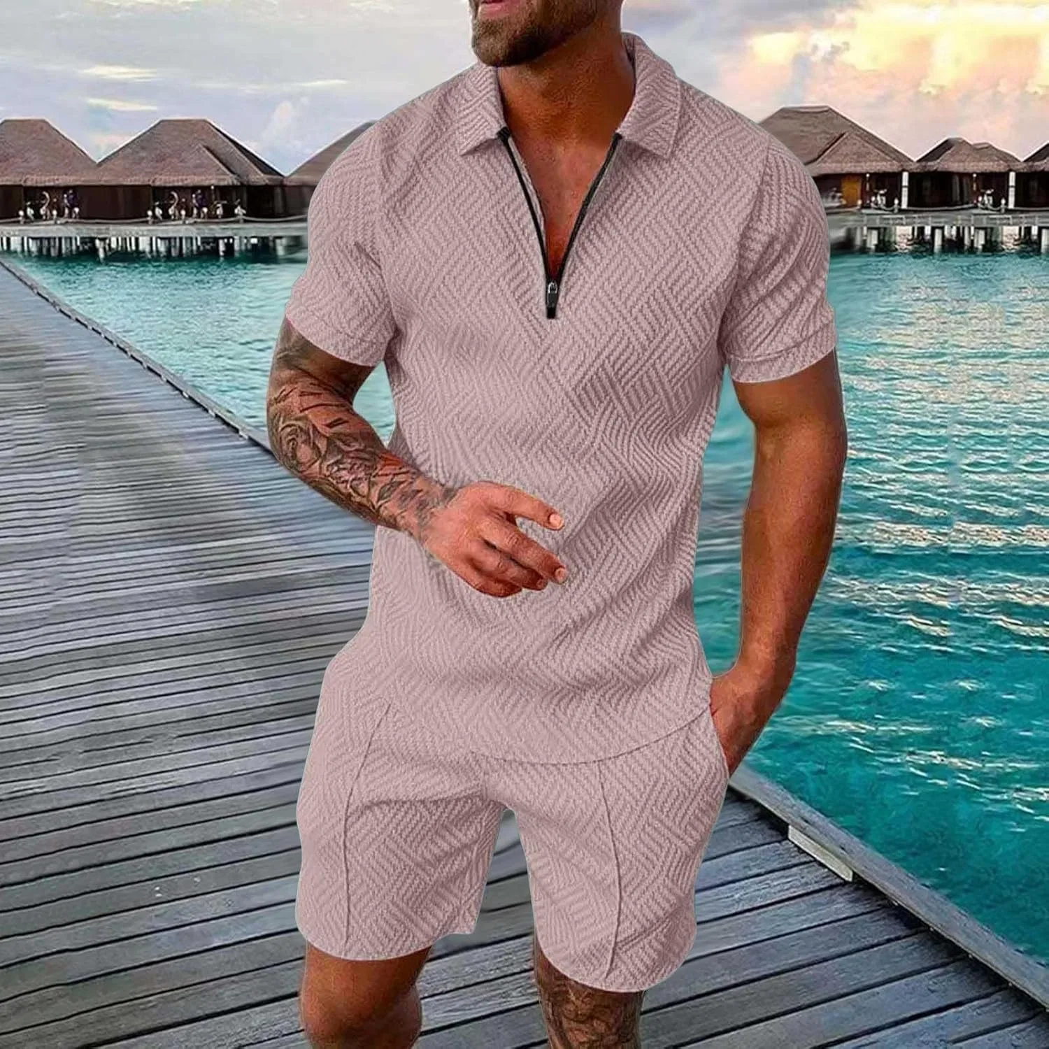 Мужской спортивный костюм с поло и шортами, полоска, Rose Gold — фото 2