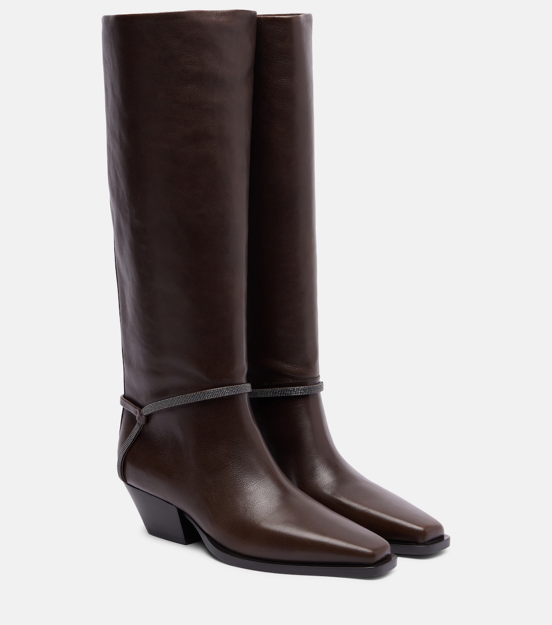 Сапоги Monili из кожи до колена Brunello Cucinelli, Testa Moro