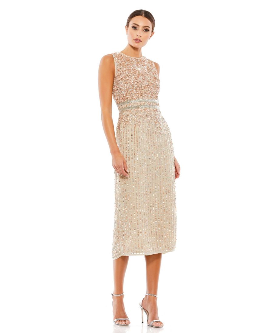 

Женское платье-футляр миди без рукавов с высоким воротником и бисером Mac Duggal, Nude